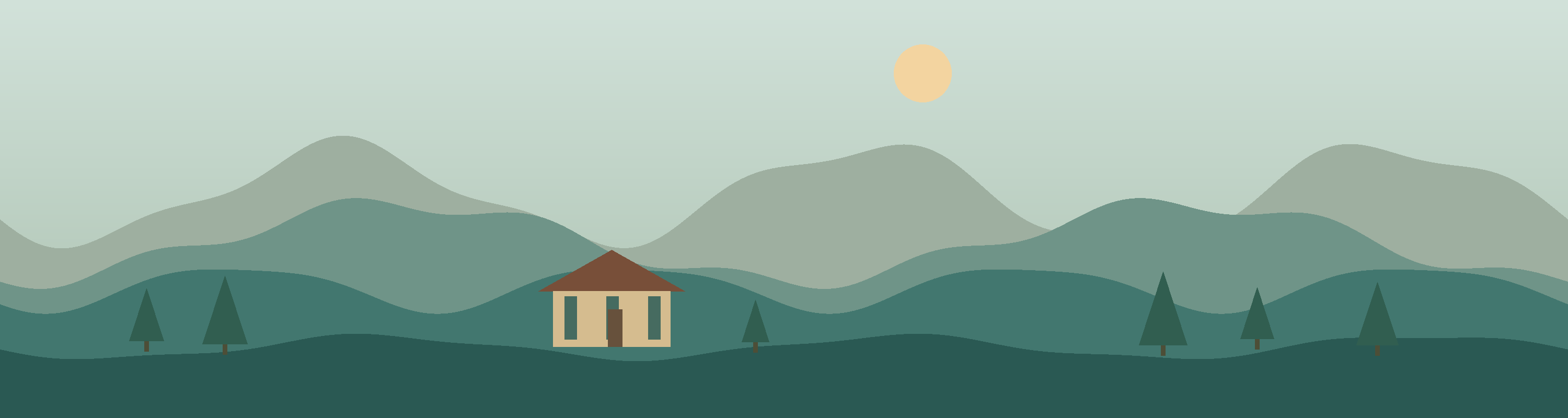Quiet Ridge: an original fictional landscape illustration with mountains and warm sky
